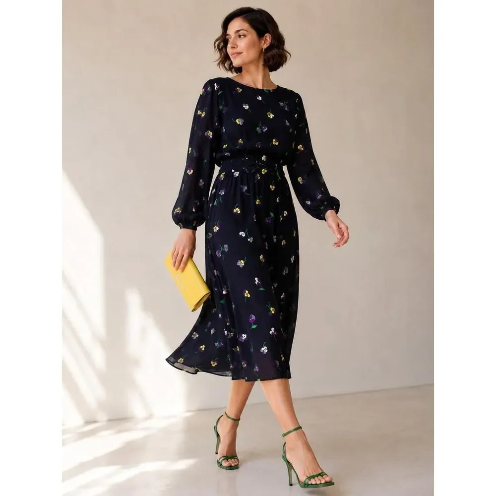 Kate Spade New York Pansy Floral Smocked Midi Dress Navy Blue Long Sleeve S